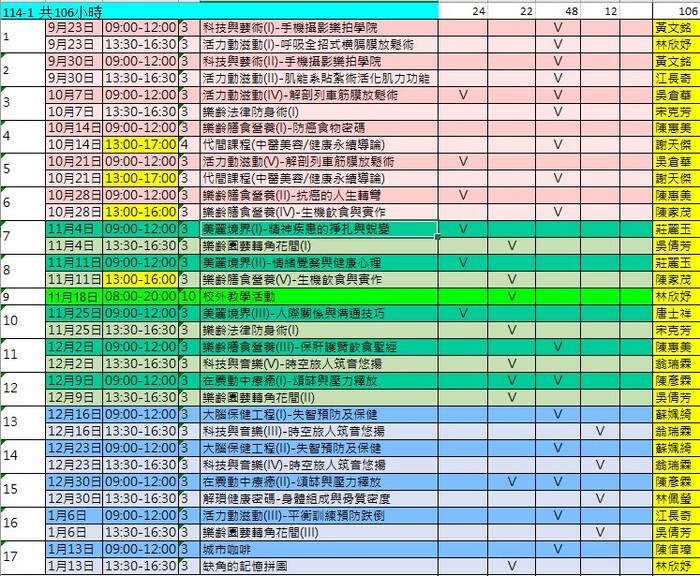 樂齡大學114-1課表圖片